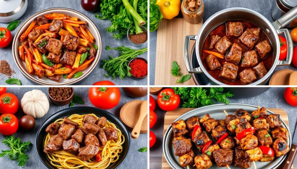 A vibrant display of healthy beef lunch options, featuring grilled lean beef strips over mixed greens with tomatoes and avocado. Surrounding ingredients for a beef stir-fry with broccoli, bell peppers, and a beef taco salad with black beans and corn, showcasing fresh vegetables and cooking steps