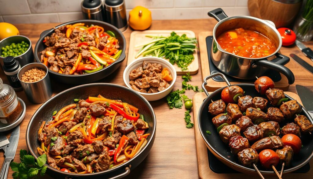 A lively kitchen scene showcasing stir-fried beef with vegetables, hearty beef stew, and grilled beef kebabs. Depicts preparation steps like marinating beef, chopping vegetables, and cooking in a skillet, with fresh herbs, spices, and sauces