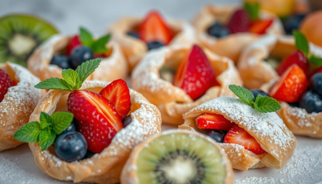 A beautiful display of puff pastry desserts filled with strawberries, blueberries, and sliced kiwi, topped with powdered sugar and garnished with fresh mint leaves, set against a soft blurred background.