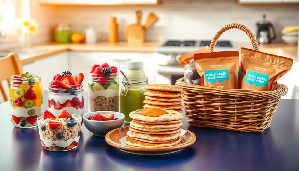 A vibrant breakfast table with mason jar fruit and yogurt parfaits, mini oatmeal cups with berries, whole grain pancakes, and smoothie packs arranged in a basket, set in a cheerful kitchen with natural light.