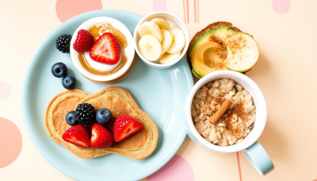 A colorful toddler breakfast plate featuring mini whole grain pancakes with berries, yogurt with honey and bananas, avocado toast with sesame seeds, and warm oatmeal with cinnamon and apple slices, set on a cheerful table.