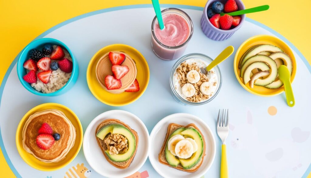 A vibrant toddler breakfast spread featuring healthy toddler breakfast ideas like oatmeal topped with fruit, mini whole wheat pancakes with berries, a smoothie, yogurt parfait with granola and bananas, and avocado toast in playful shapes, surrounded by colorful utensils and a cartoon animal place mat.