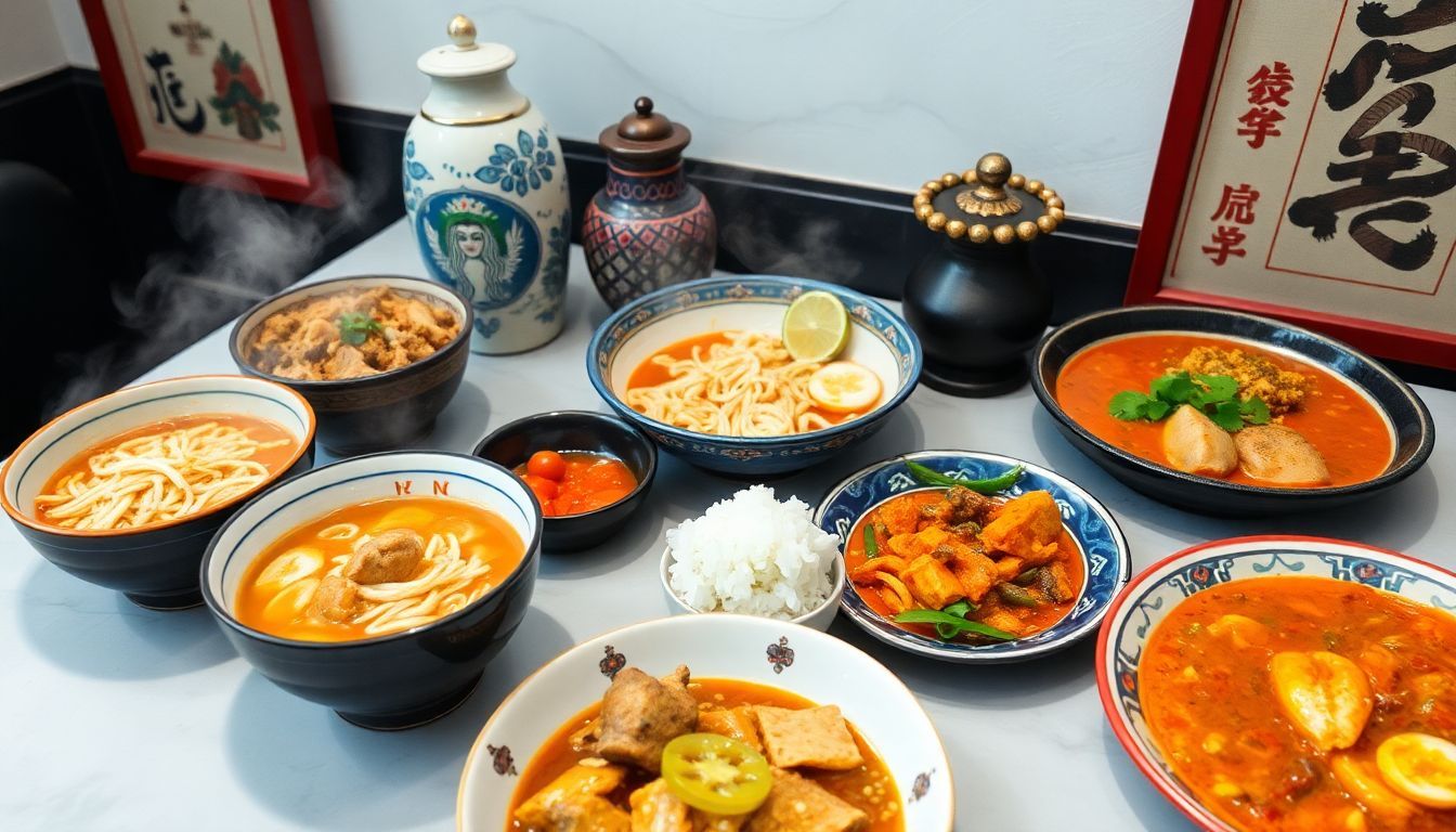 A table with a vibrant variety of Asian cuisine dishes.